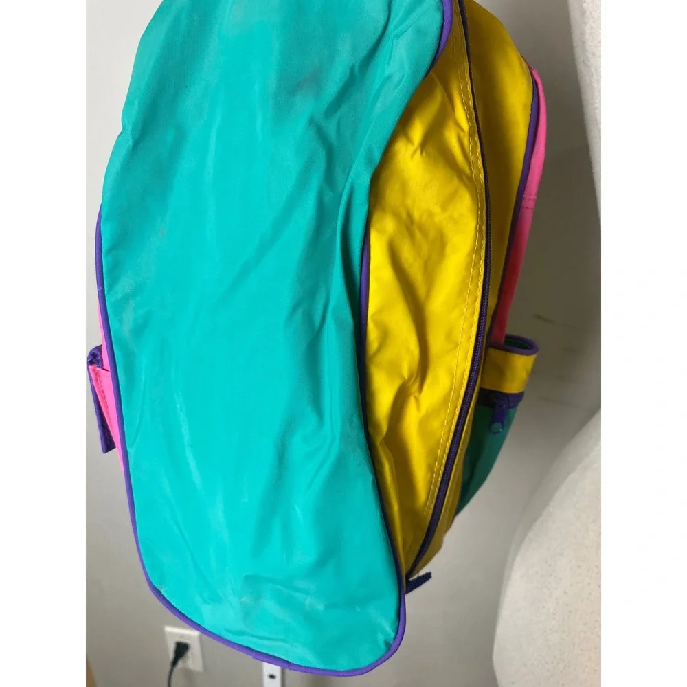 Vintage 80s 90s Colorblock Backpack Pink Yellow Teal Retro Vinyl School Bag
